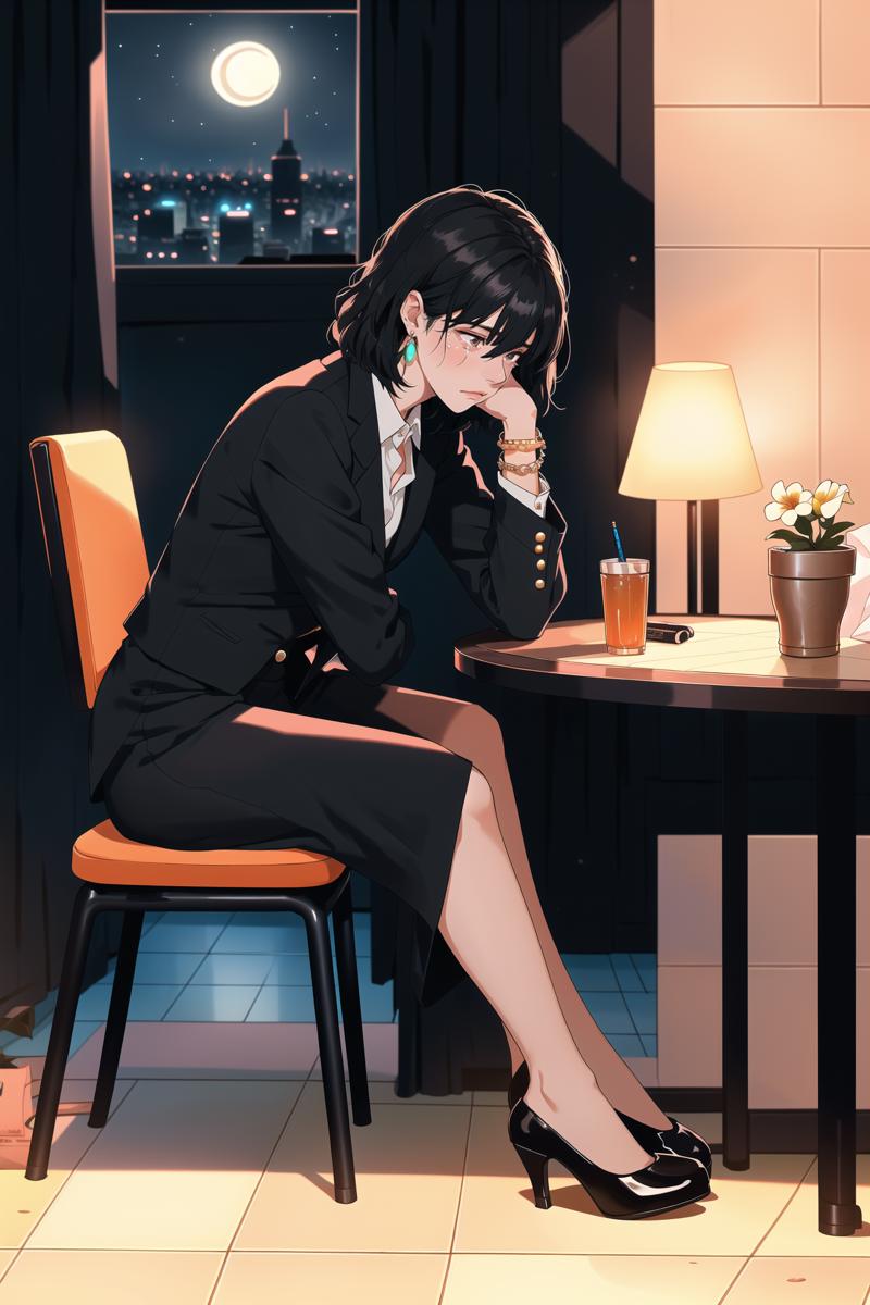 00753-1313662571-_lora_平涂赛璐璐-Flat paint style Lora_0.6_,1girl,adult,office lady,medium hair,black hair,black eyes,the girl sat on a wooden backre.png